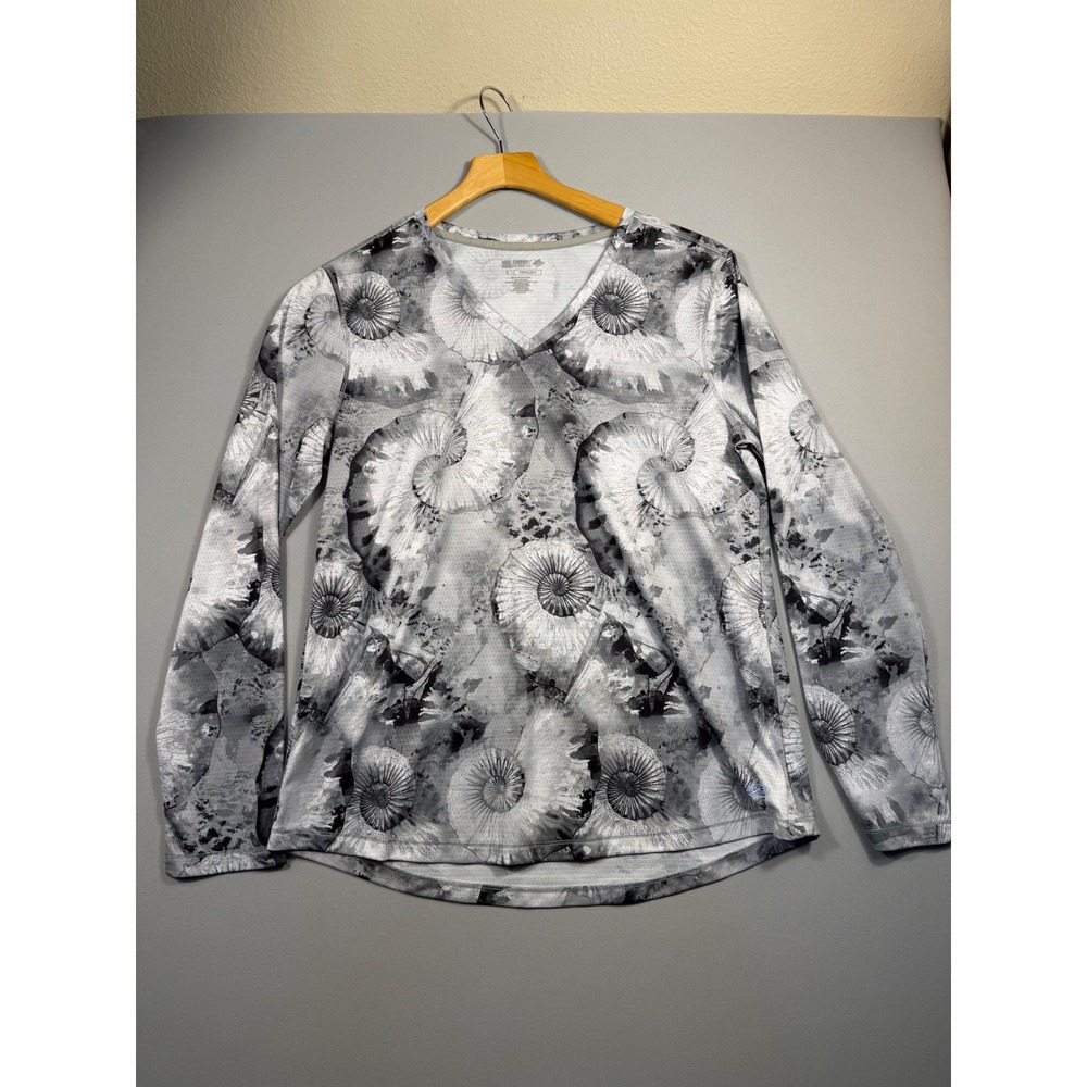 Reel Legends Freeline Womens Large Gray Nautilus Fossil Print Fishing Shirt L/S